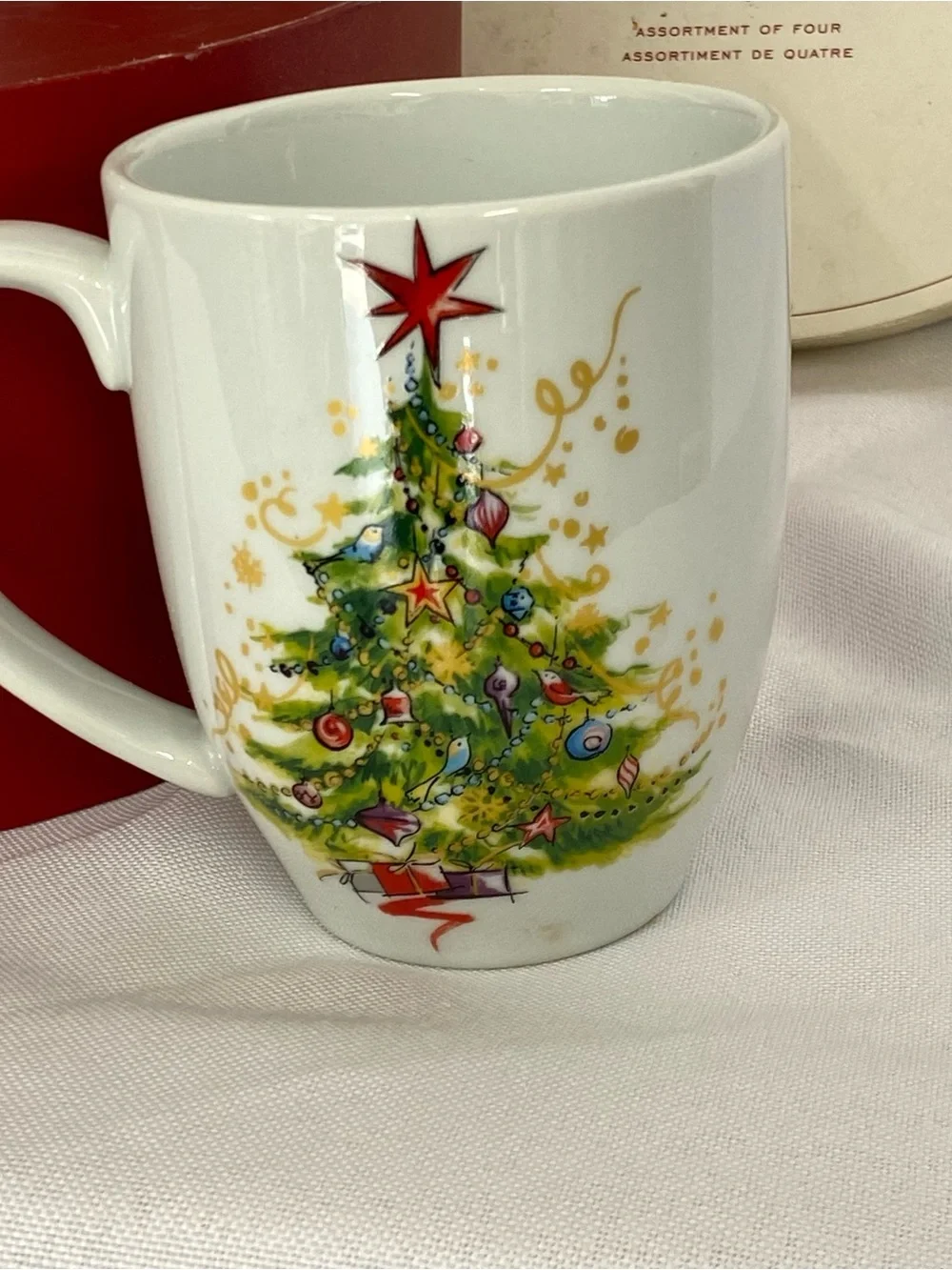 Pottery Barn Holiday Cheer Christmas Tree All is Bright All is Calm Mug Set Of 4